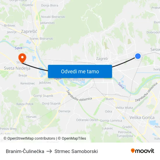 Branim-Čulinečka to Strmec Samoborski map