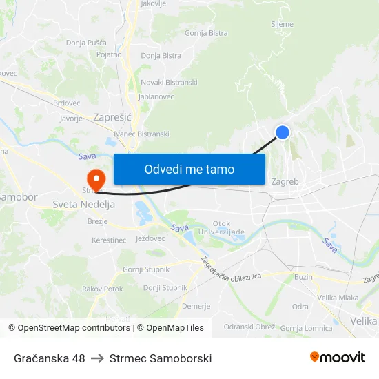 Gračanska 48 to Strmec Samoborski map
