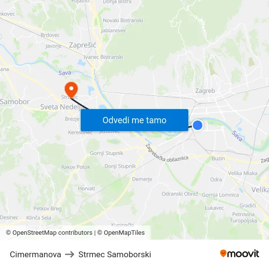 Cimermanova to Strmec Samoborski map