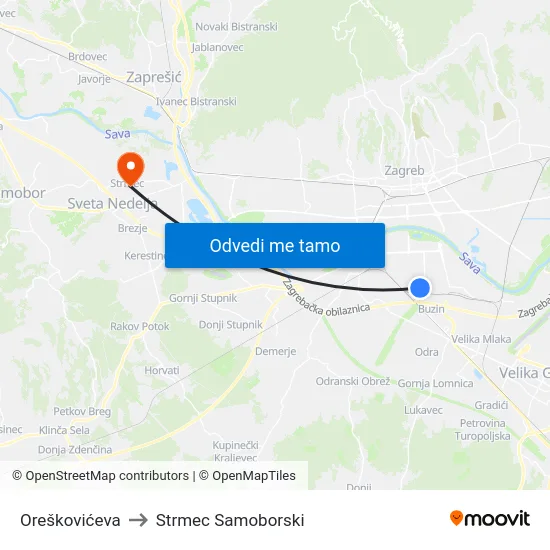 Oreškovićeva to Strmec Samoborski map