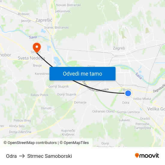 Odra to Strmec Samoborski map