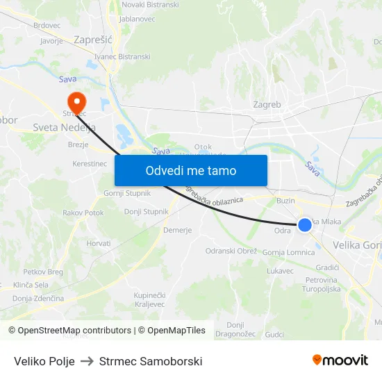 Veliko Polje to Strmec Samoborski map
