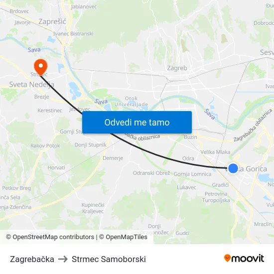 Zagrebačka to Strmec Samoborski map