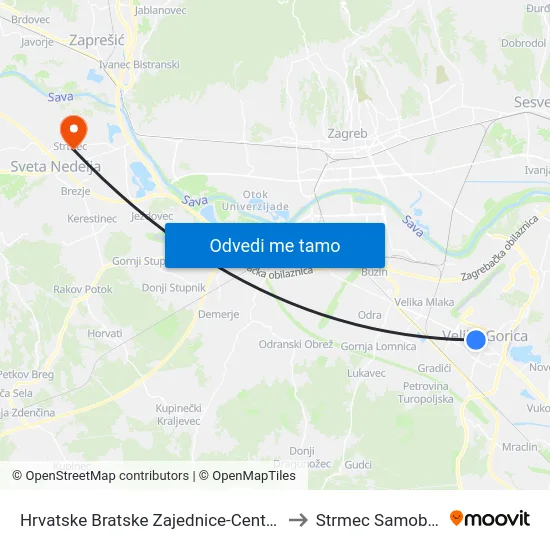 Hrvatske Bratske Zajednice-Centar-Škola to Strmec Samoborski map