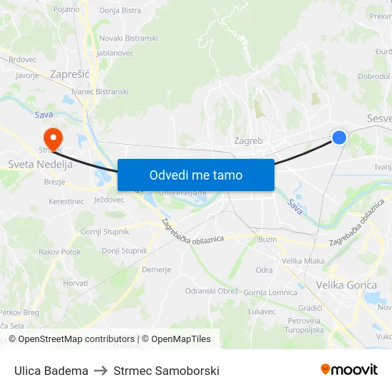 Ulica Badema to Strmec Samoborski map
