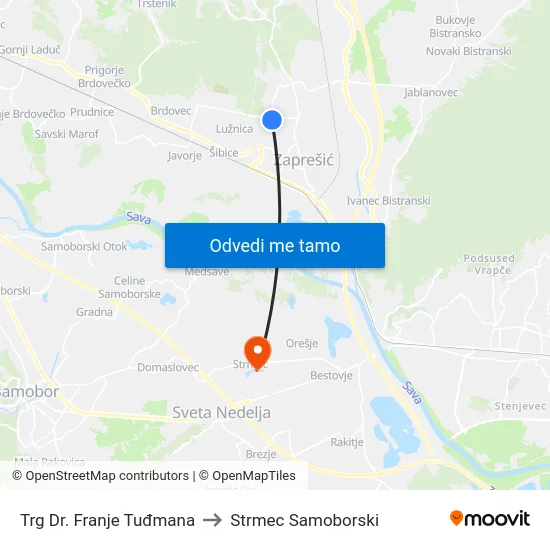 Trg Dr. Franje Tuđmana to Strmec Samoborski map