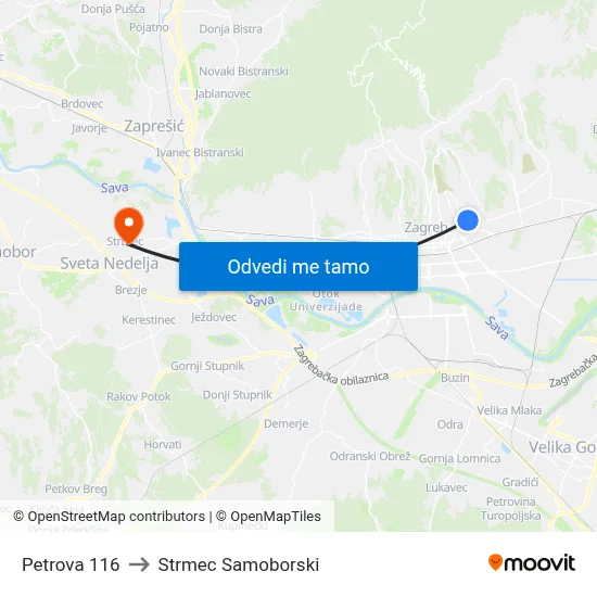 Petrova 116 to Strmec Samoborski map