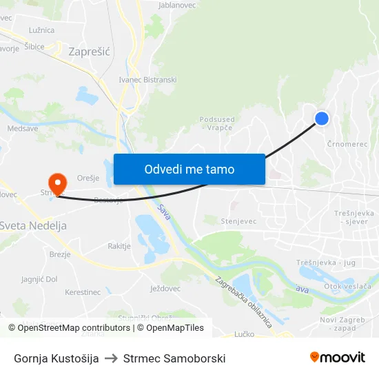 Gornja Kustošija to Strmec Samoborski map