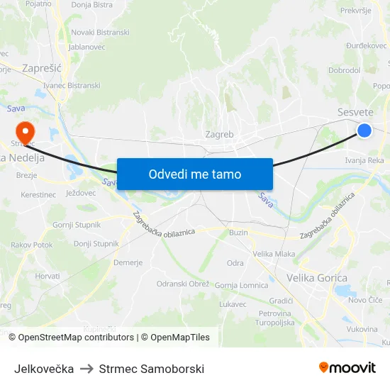 Jelkovečka to Strmec Samoborski map