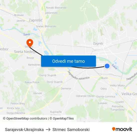 Sarajevsk-Ukrajinska to Strmec Samoborski map