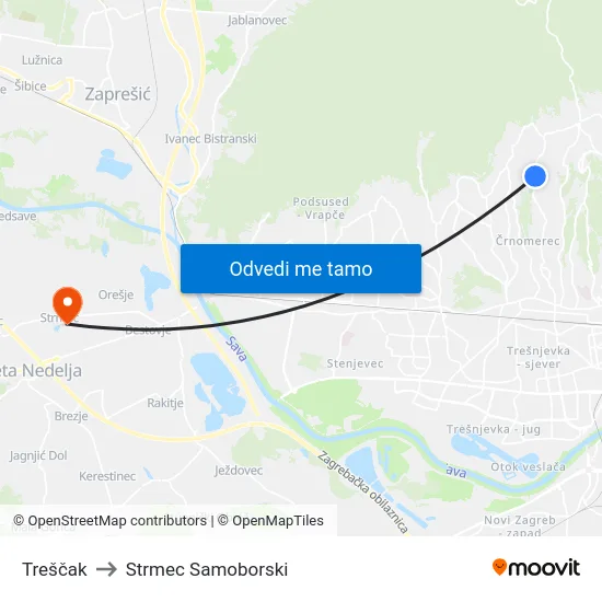 Treščak to Strmec Samoborski map
