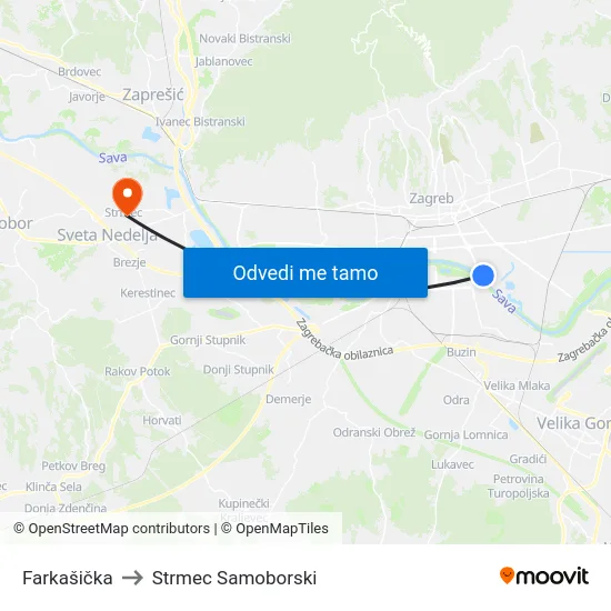 Farkašička to Strmec Samoborski map