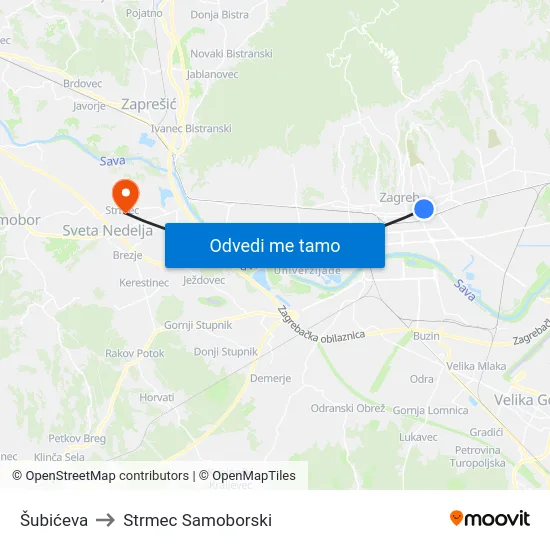 Šubićeva to Strmec Samoborski map