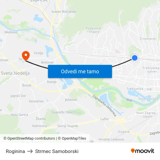 Roginina to Strmec Samoborski map