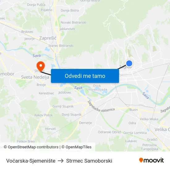 Voćarska-Sjemenište to Strmec Samoborski map