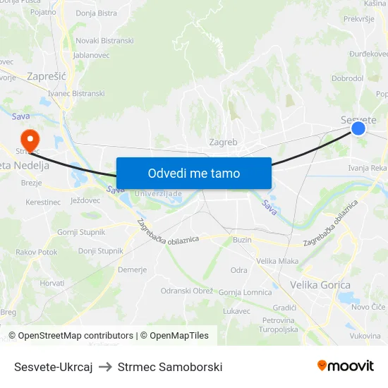 Sesvete-Ukrcaj to Strmec Samoborski map
