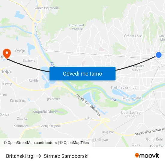 Britanski trg to Strmec Samoborski map