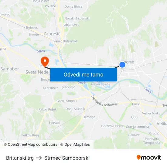 Britanski trg to Strmec Samoborski map
