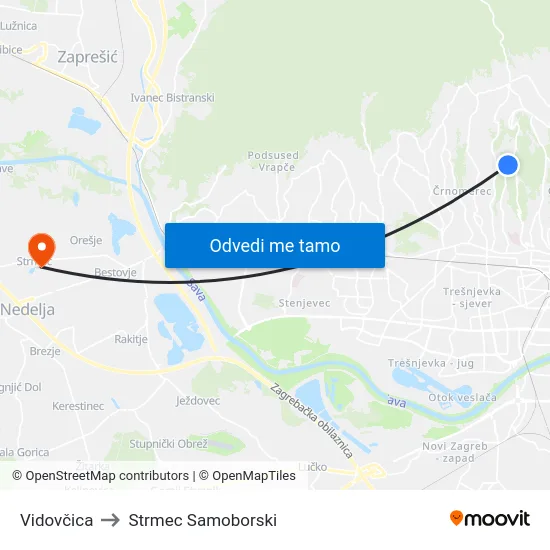 Vidovčica to Strmec Samoborski map