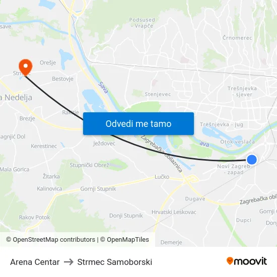 Arena Centar to Strmec Samoborski map