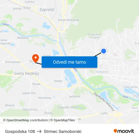 Gospodska 108 to Strmec Samoborski map