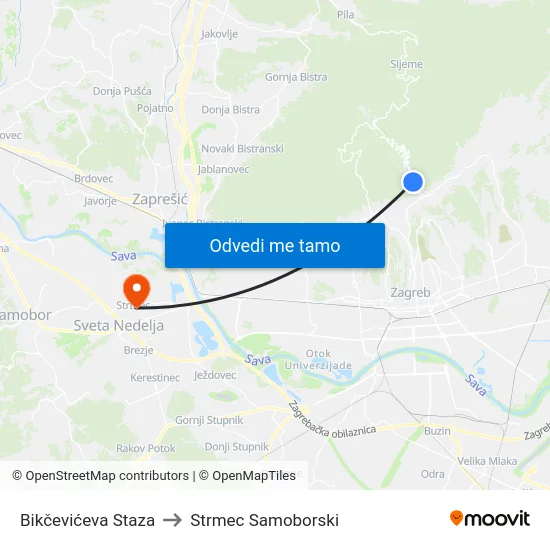 Bikčevićeva Staza to Strmec Samoborski map