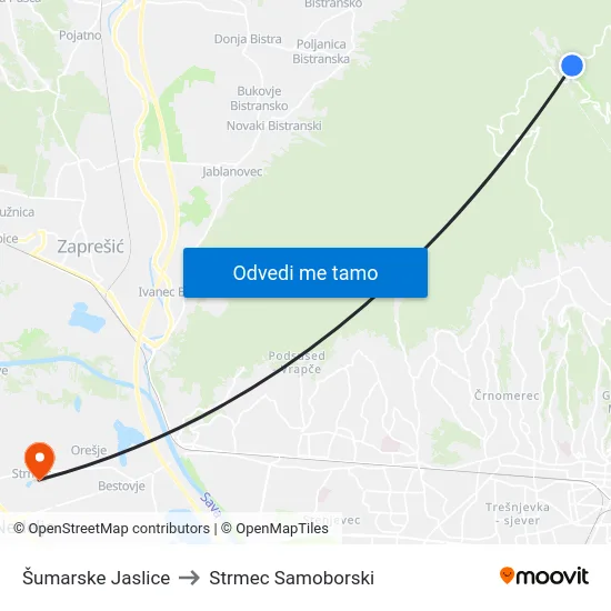 Šumarske Jaslice to Strmec Samoborski map