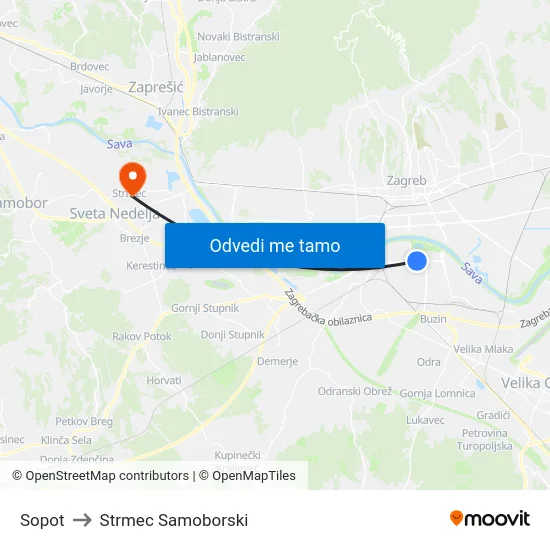 Sopot to Strmec Samoborski map