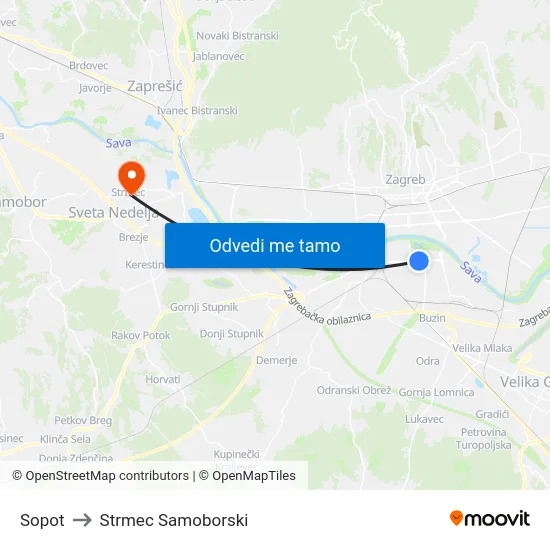 Sopot to Strmec Samoborski map