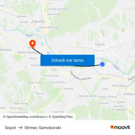 Sopot to Strmec Samoborski map