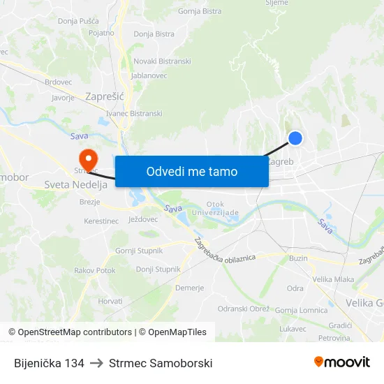 Bijenička 134 to Strmec Samoborski map