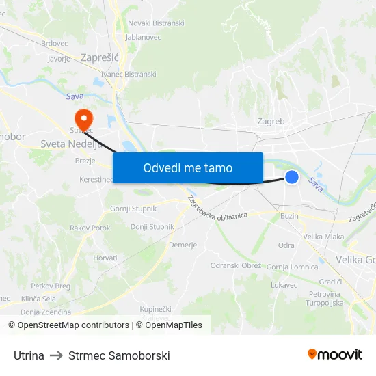 Utrina to Strmec Samoborski map