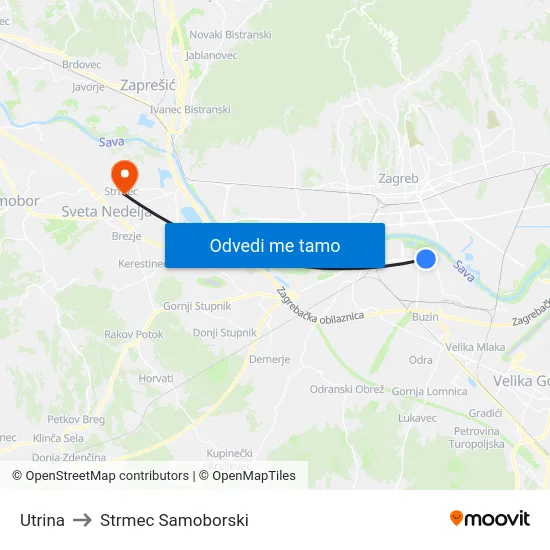 Utrina to Strmec Samoborski map