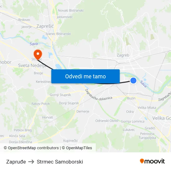 Zapruđe to Strmec Samoborski map