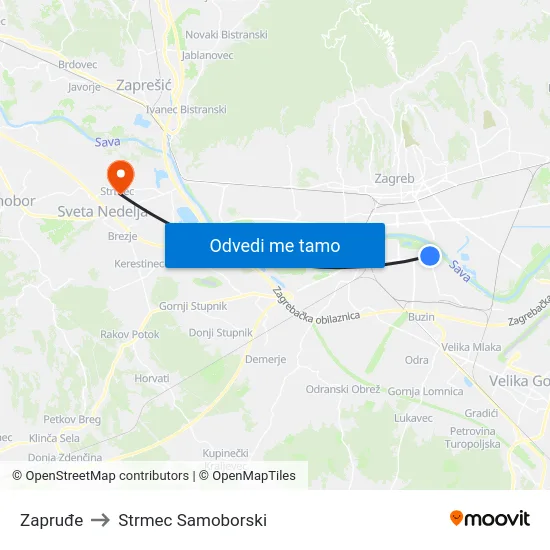 Zapruđe to Strmec Samoborski map