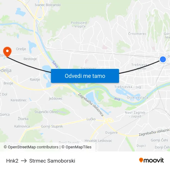 Hnk2 to Strmec Samoborski map