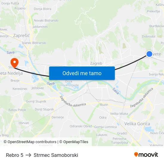 Rebro 5 to Strmec Samoborski map