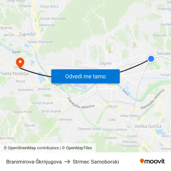 Branimirova-Škrnjugova to Strmec Samoborski map