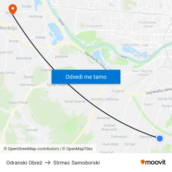 Odranski Obrež to Strmec Samoborski map