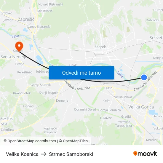 Velika Kosnica to Strmec Samoborski map