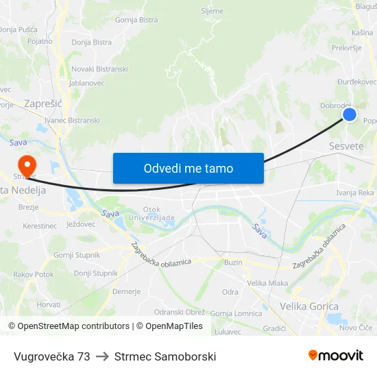 Vugrovečka 73 to Strmec Samoborski map