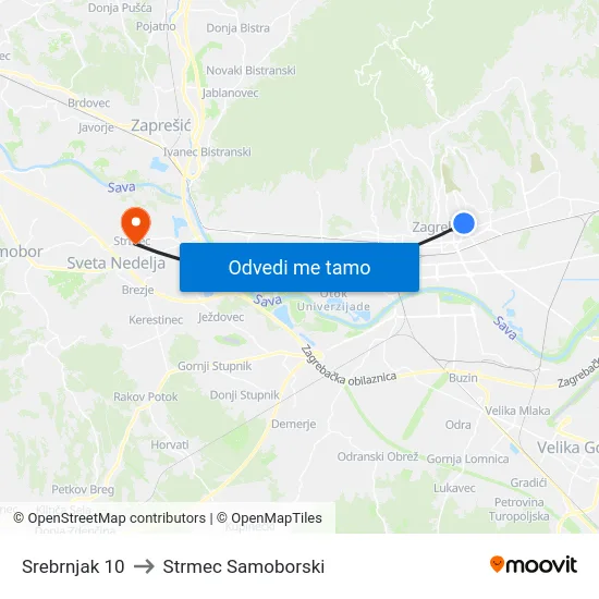 Srebrnjak 10 to Strmec Samoborski map