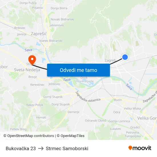 Bukovačka 23 to Strmec Samoborski map