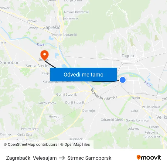 Zagrebački Velesajam to Strmec Samoborski map