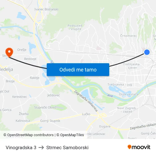 Vinogradska 3 to Strmec Samoborski map