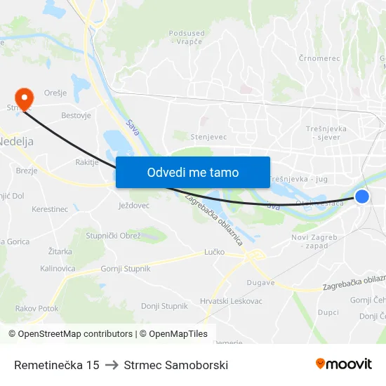 Remetinečka 15 to Strmec Samoborski map