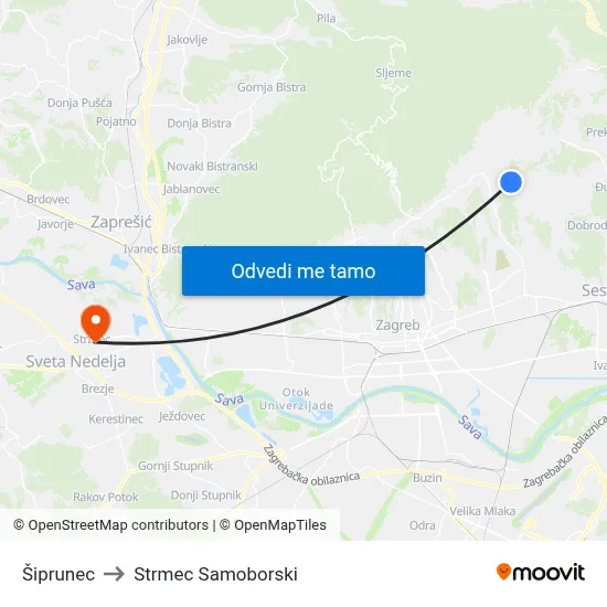 Šiprunec to Strmec Samoborski map