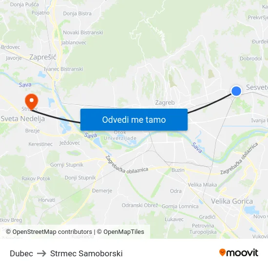 Dubec to Strmec Samoborski map