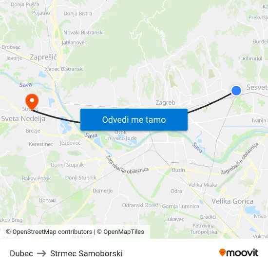Dubec to Strmec Samoborski map