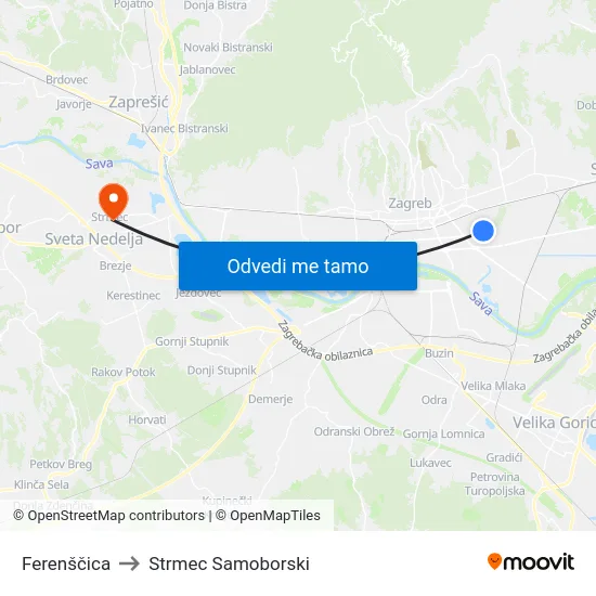 Ferenščica to Strmec Samoborski map